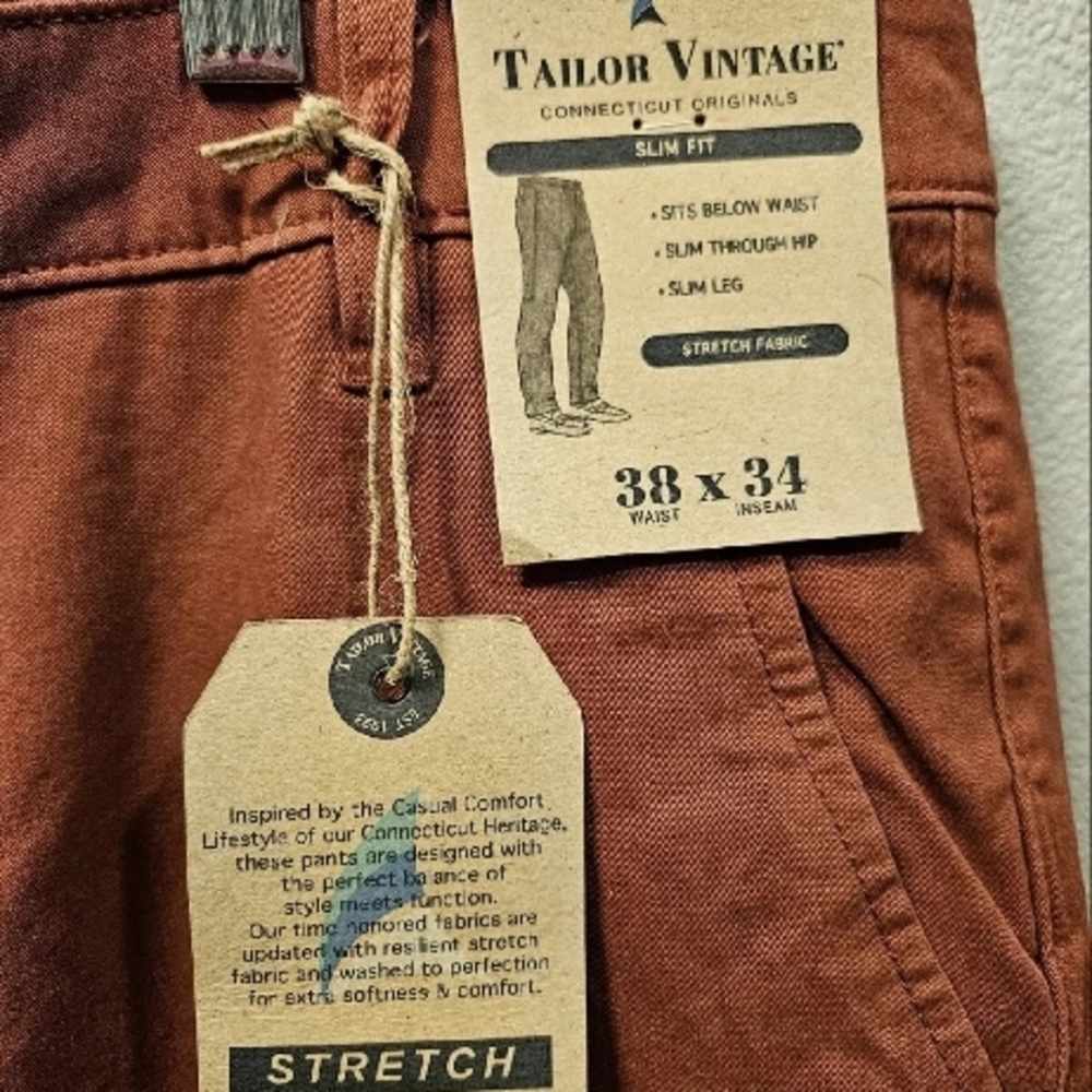 Tailor Vintage Slim Fit Pants Tapered Leg Canyon Red Men Size 38 X 34 New - Picture 2 of 5